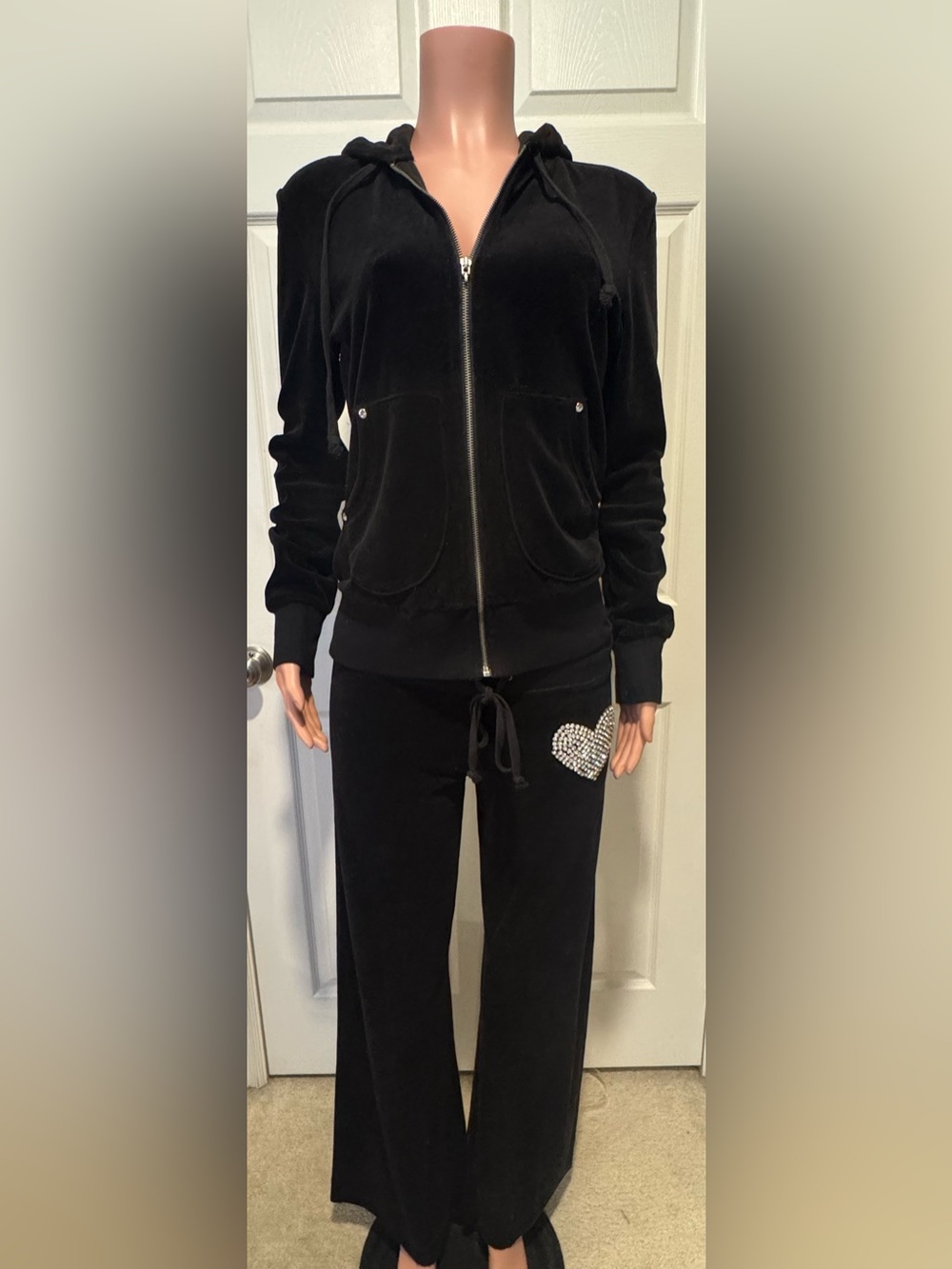 VINTAGE Y2K Twisted Heart Black Velour Tracksuit Rhinestone Bling Top L Pants M